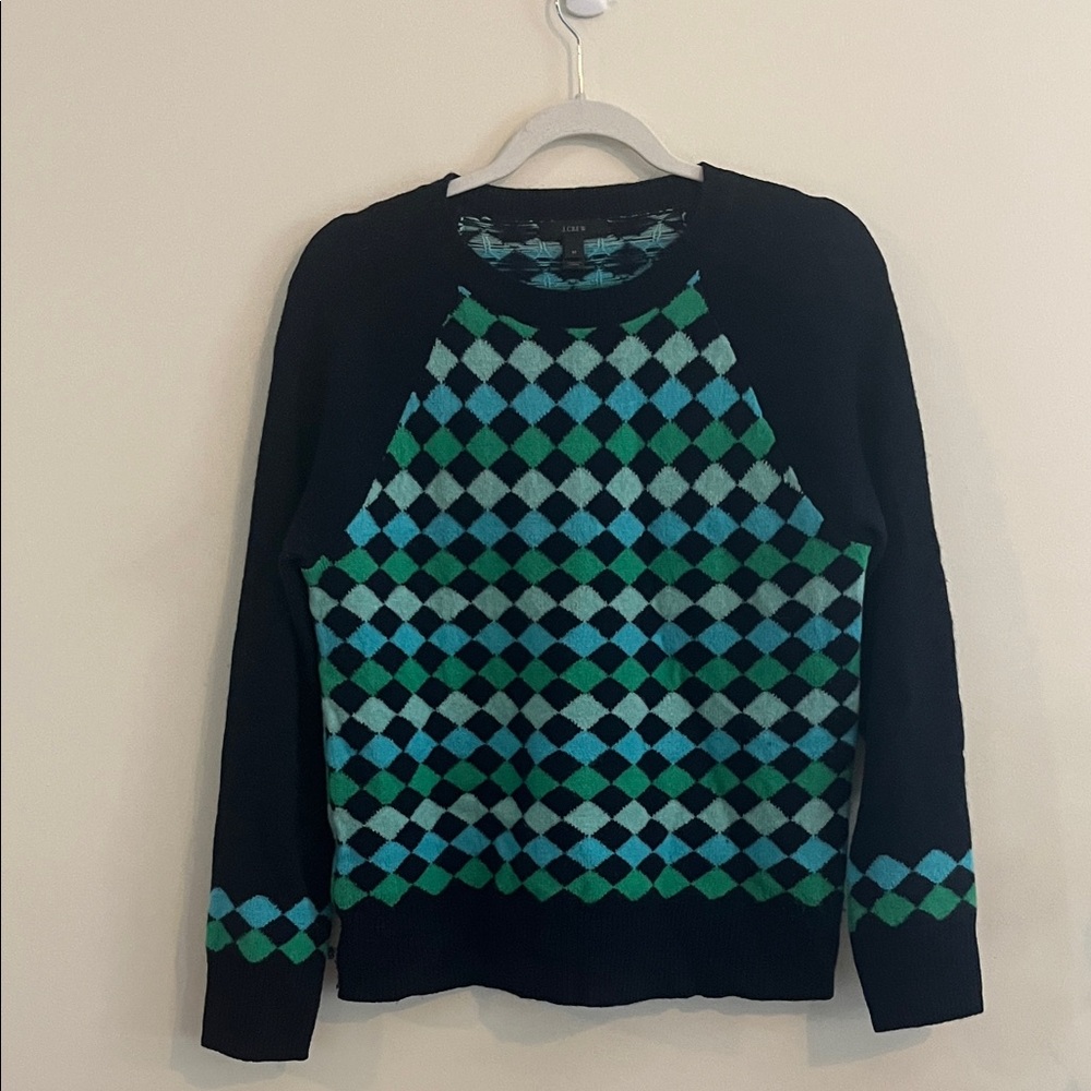 J.Crew Lambs Wool Sweater‎ Geometric Blue Green Winter Cozy Diamond Argyle M